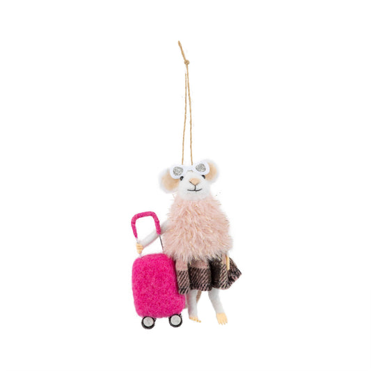 Felt Mouse Ornament: Mouse with sunglasses & fur coat & pink suitcase
