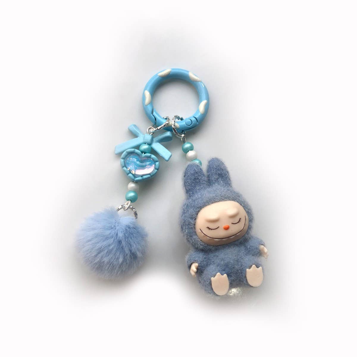 Flocked Mini Labubu Keychain Phone Charm with Fleece Poms