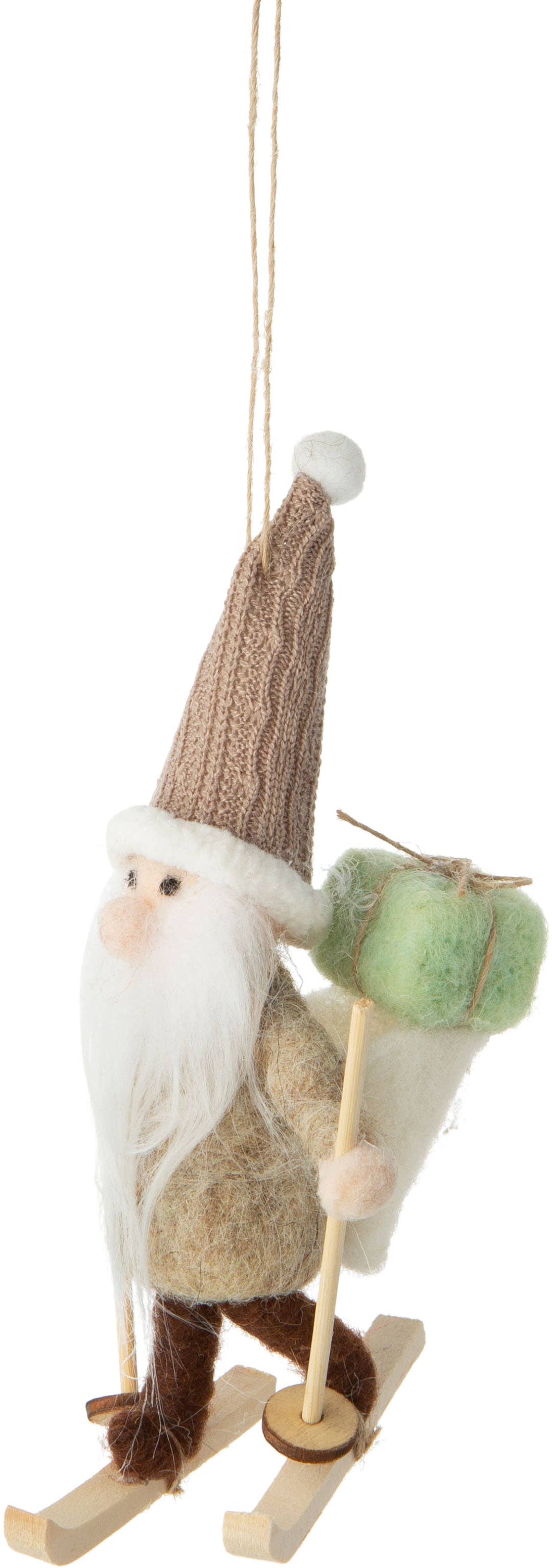 Felt nordic skier santa with backpack ornament