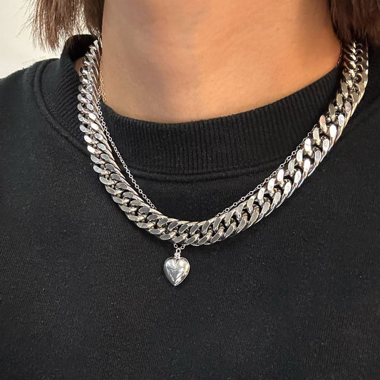 Chunky Heart Chain Necklace Set Silver Charm Pendant