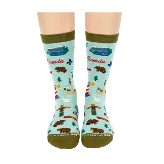 Canada Scenic Crew Socks with National Icons and Travel Illustrations