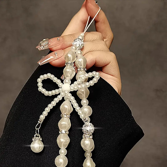 Rhinestone Pearl Bow Hand Chain Wrist Short Lanyard
