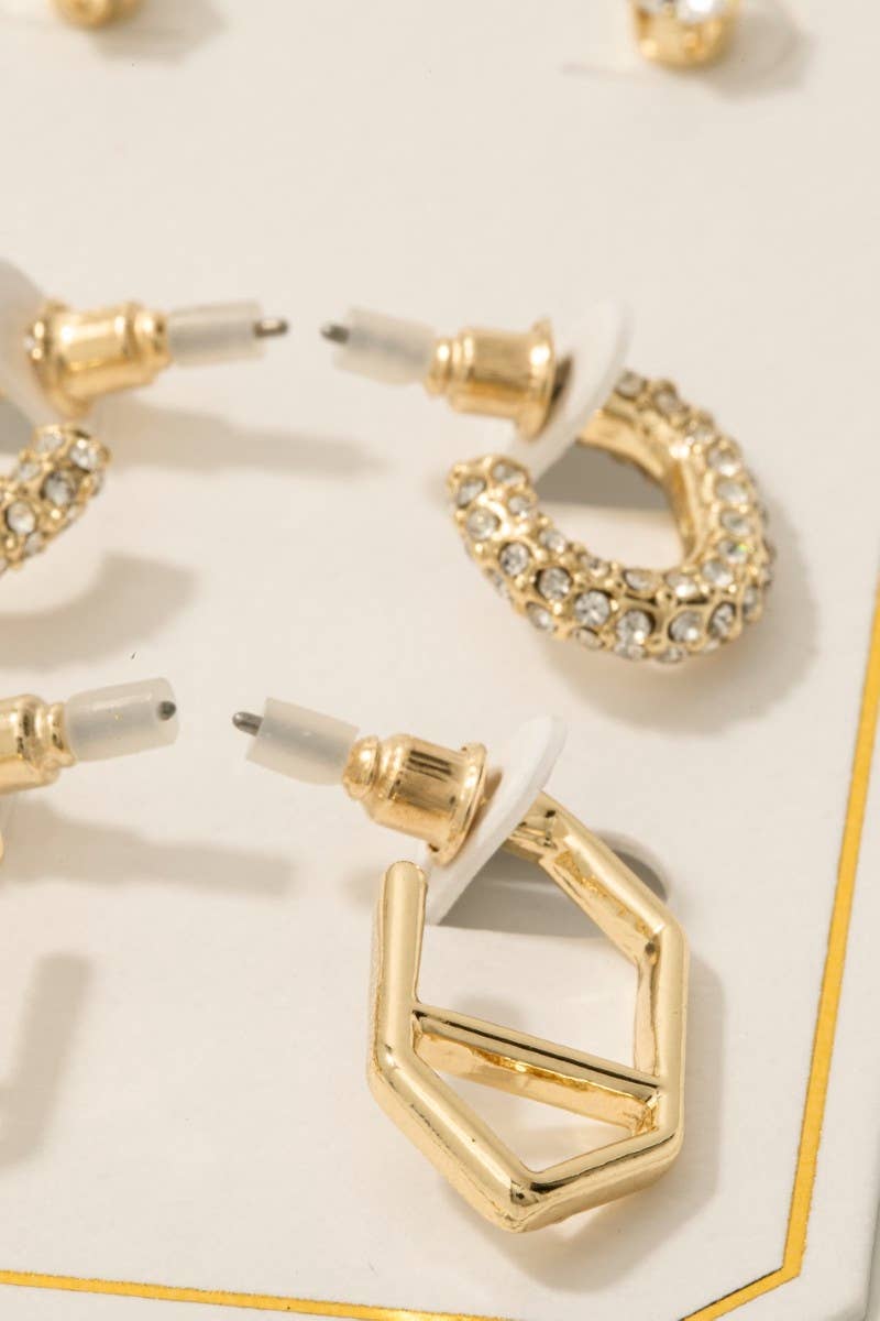 Mixed Pave Hoop And Stud Earrings Set