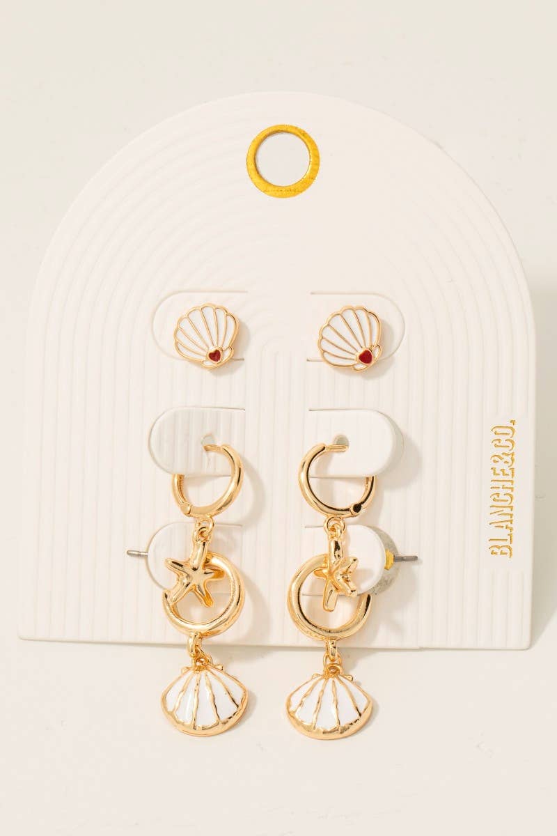 3Pc Acrylic Clams And Starfish Charm Hoop Earrings Set