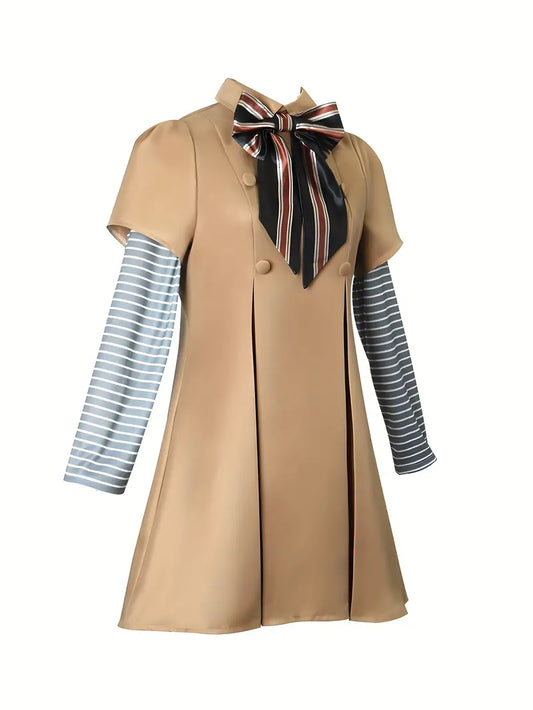 "Megan" Elegant Trench Coat With Striped Tie Contrasting Sleeves