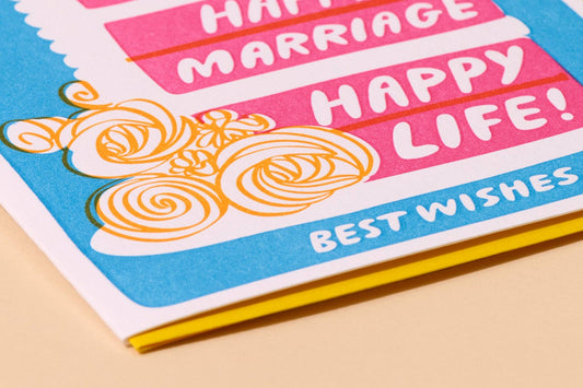 Colorful Letterpress Wedding Greeting Card - Happy Life Cake