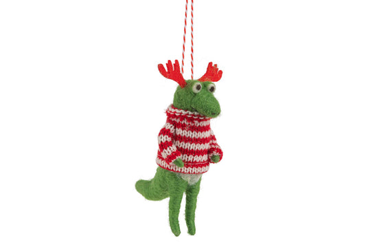Felt Ornament : Green Dinosaur with antler and red/white stripe sweater