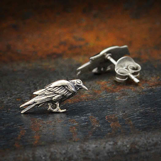 Sterling Silver or Bronze Raven Post Earrings 7x15mm