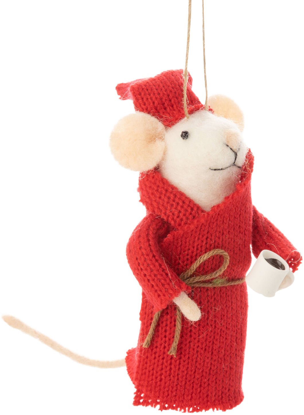 Felt Mouse Ornament : Felt mouse with Red House Coat & Night Cap and Coffee