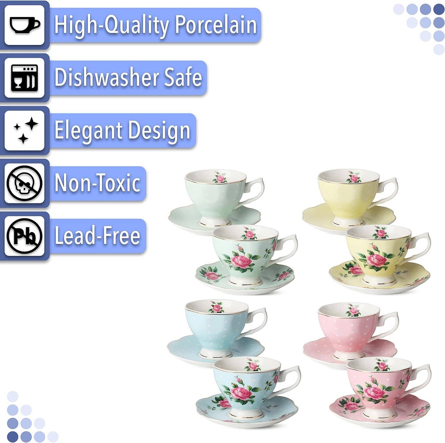 Floral Tea Cups & Saucers with Gold Trim