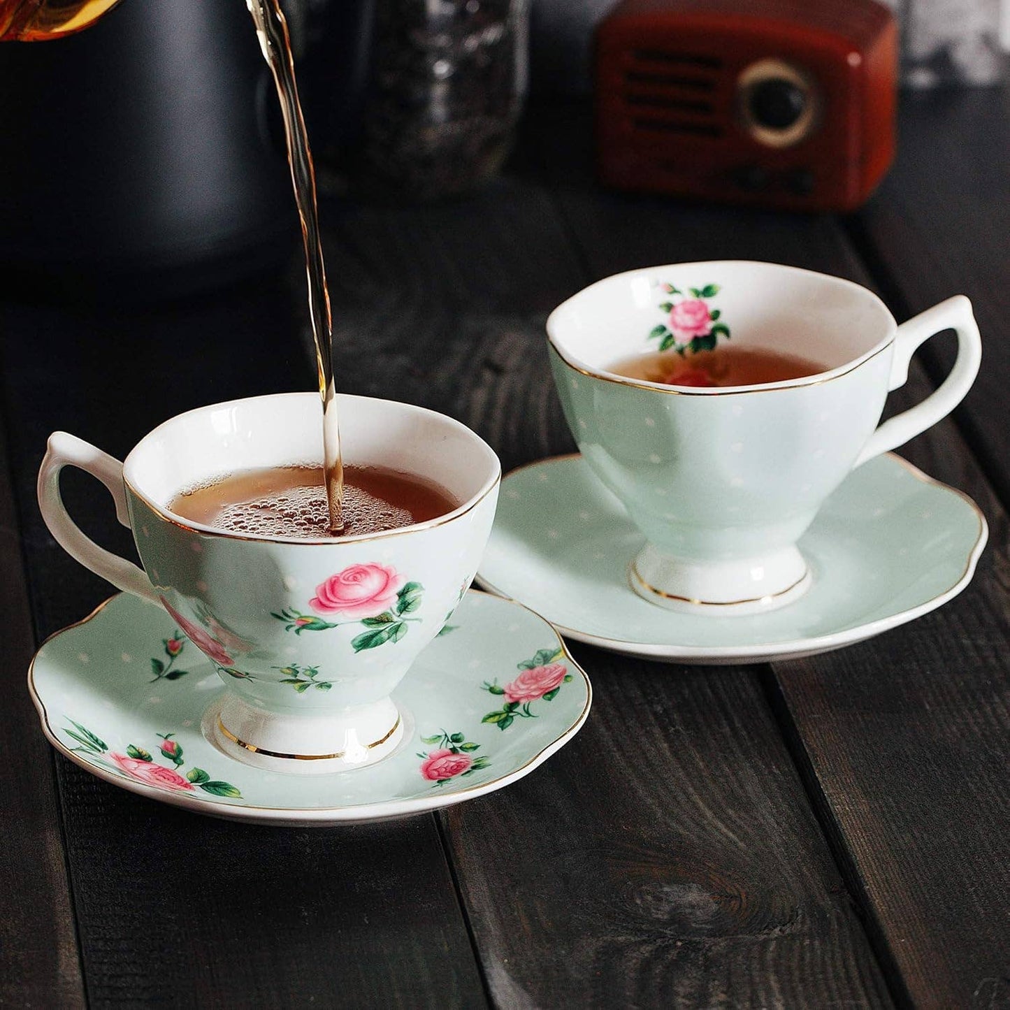 Floral Tea Cups & Saucers with Gold Trim