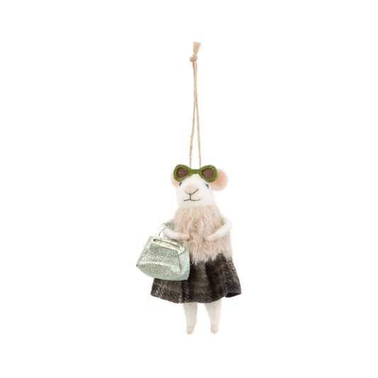 Felt Mouse Ornament:  Felt mouse with sunglasses in coat & green skirt with green bag