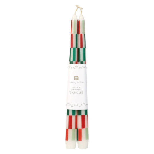 Red & Green Check Dinner Candles | 2 Pack |Christmas Decor |