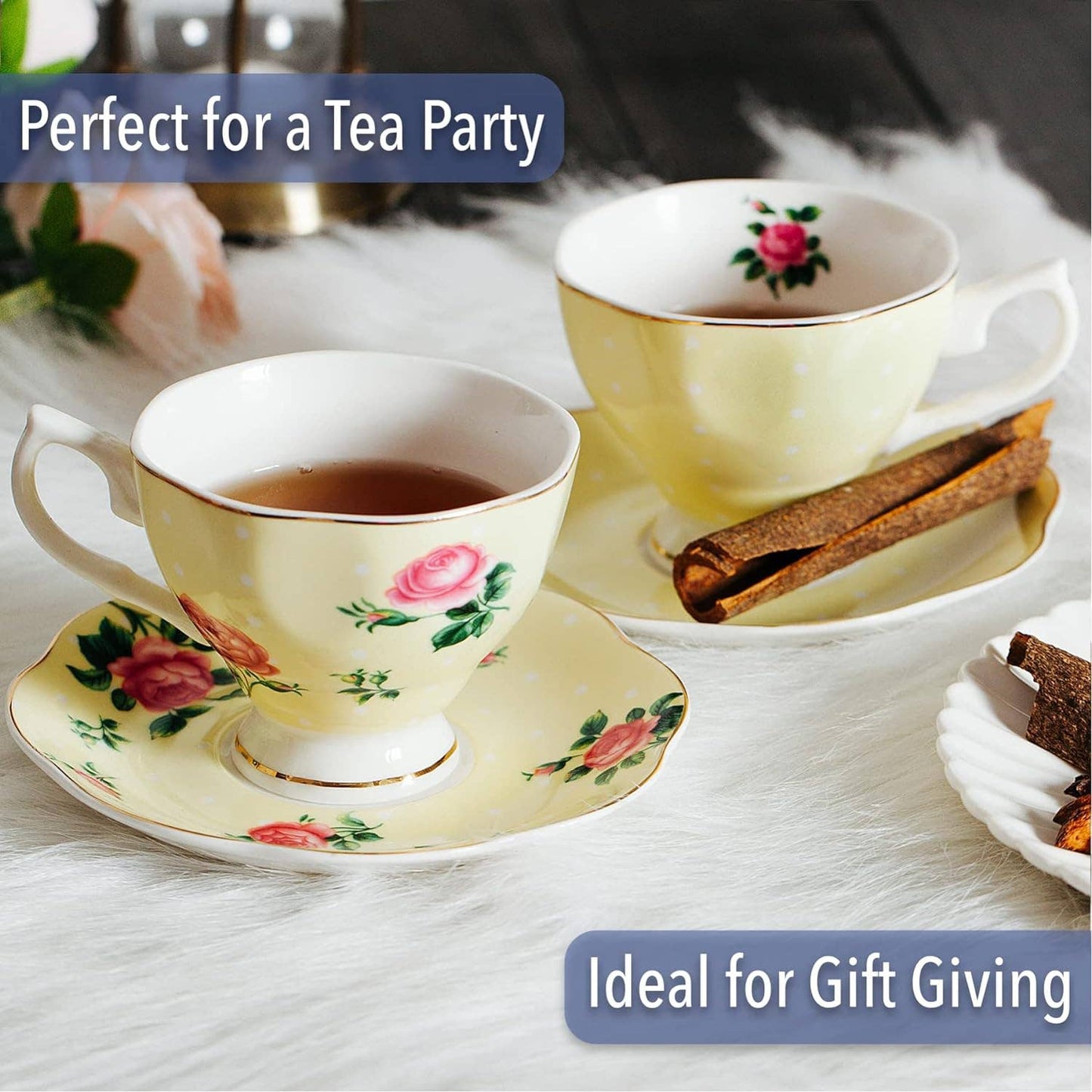 Floral Tea Cups & Saucers with Gold Trim
