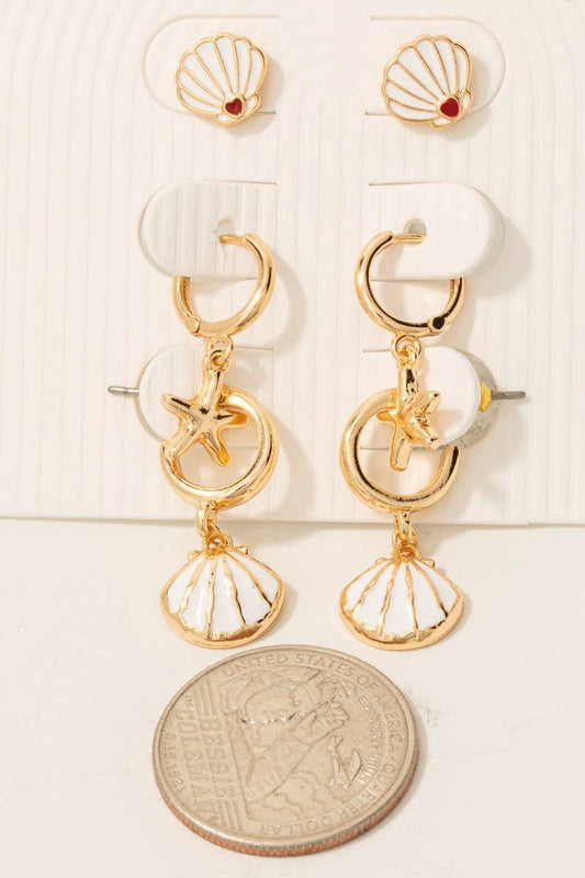 3Pc Acrylic Clams And Starfish Charm Hoop Earrings Set
