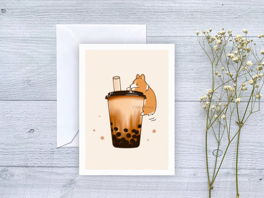 Bubble Tea Boba Corgi Greeting Card