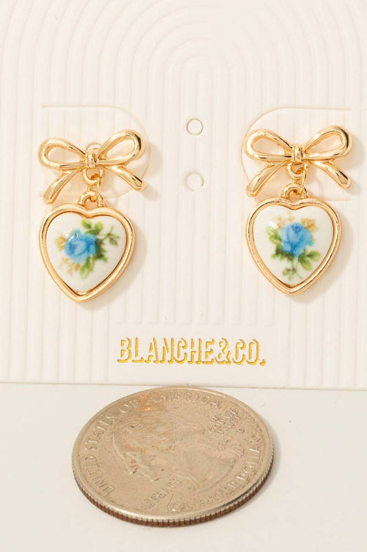 Flower Heart Drop Ribbon Bow Stud Earrings