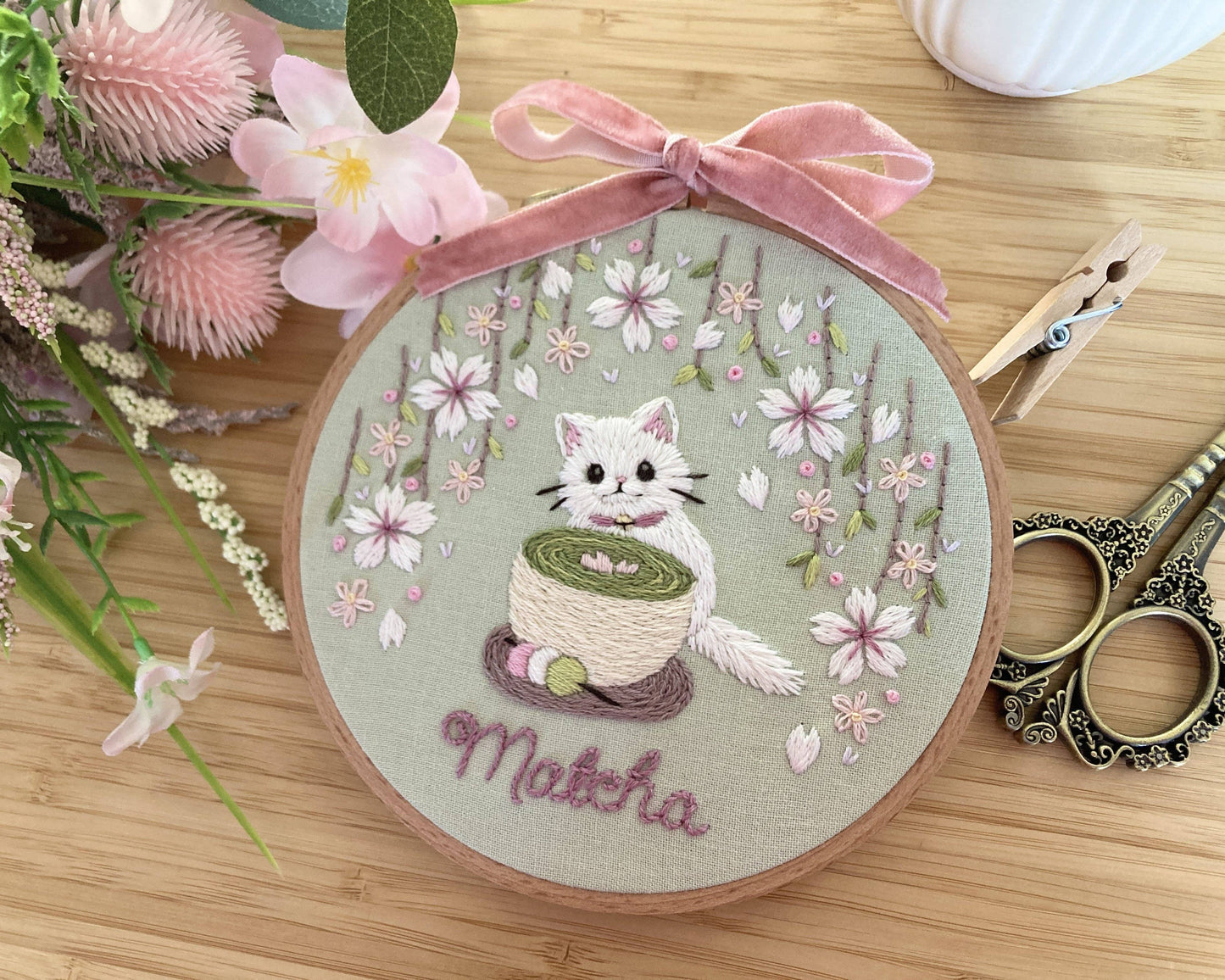 DIY Embroidery Kit Matcha Latte from Cat & Tea Collection