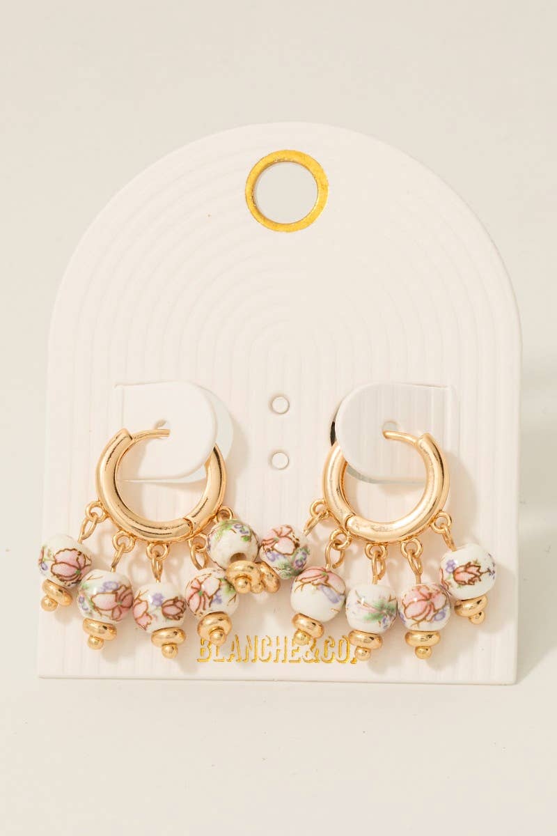 Floral Ceramic Bead Fringe Hoop Earrings