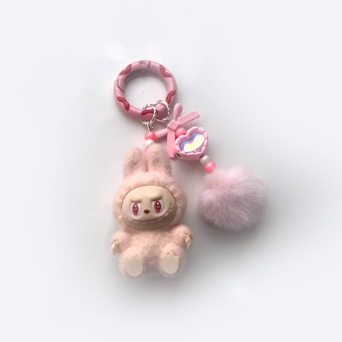 Flocked Mini Labubu Keychain Phone Charm with Fleece Poms