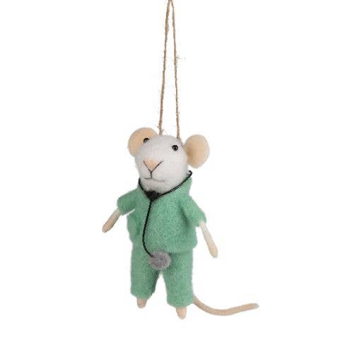 A13734:Felt doctor/nurse mouse in scrubs ornament, 4.75in