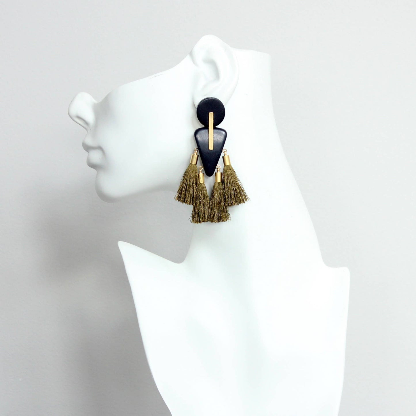 CHRE84 Black wood, brass, & dark mustard tassel earrings