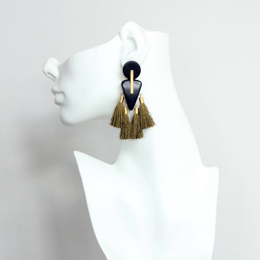 CHRE84 Black wood, brass, & dark mustard tassel earrings