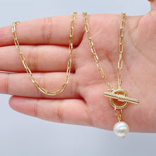 Load image into Gallery viewer, 18k Gold Filled Thin Paper Clip Necklace Lariat Featuring Pearl Toggle Closing
