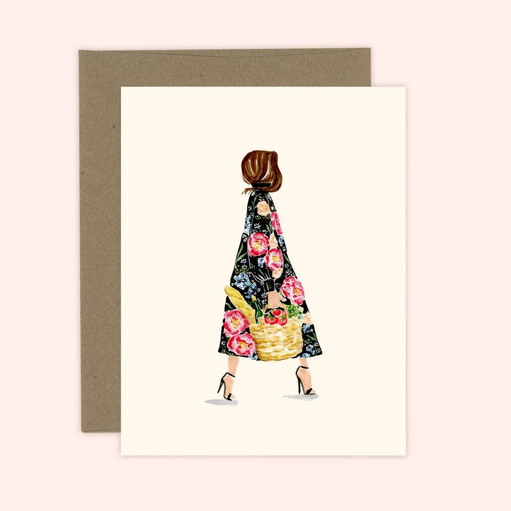 Floral Baguette Market Girl Card
