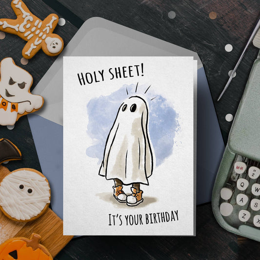 "Holy Sheet!" - Funny Ghost, Horror, Halloween Birthday Card