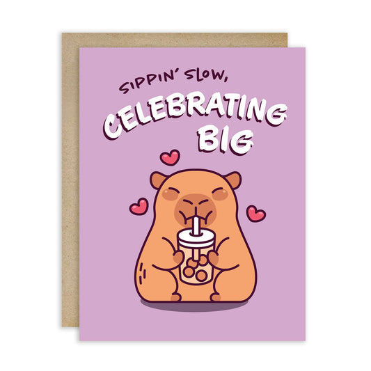 Celebrating Big Funny Birthday Card | Cute Capybara Milk Tea Boba
