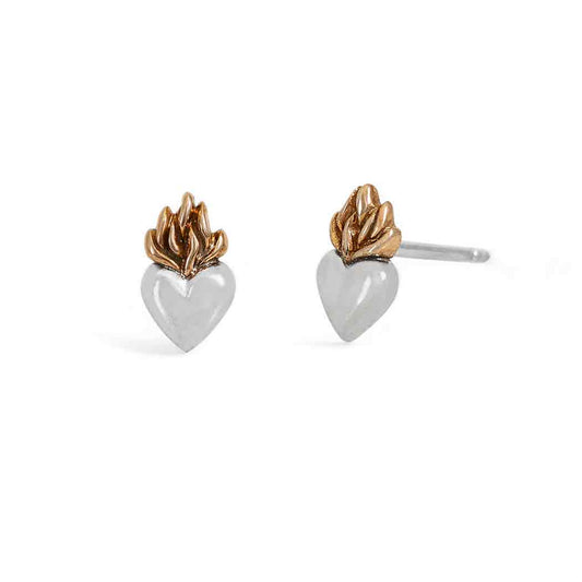 Silver or Bronze Heart Post Earrings with Bronze Flame 9x5mm