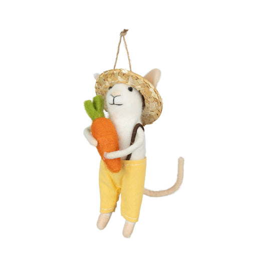 A13696: White mouse orn, holding carrot ornament, 5 in