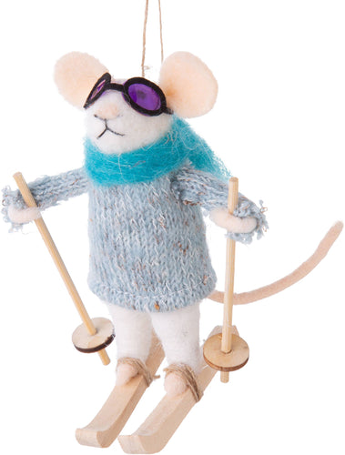 Felt Mouse Ornament:  Felt mouse skier with goggles,scarf & sweater - Front & Company: Gift Store