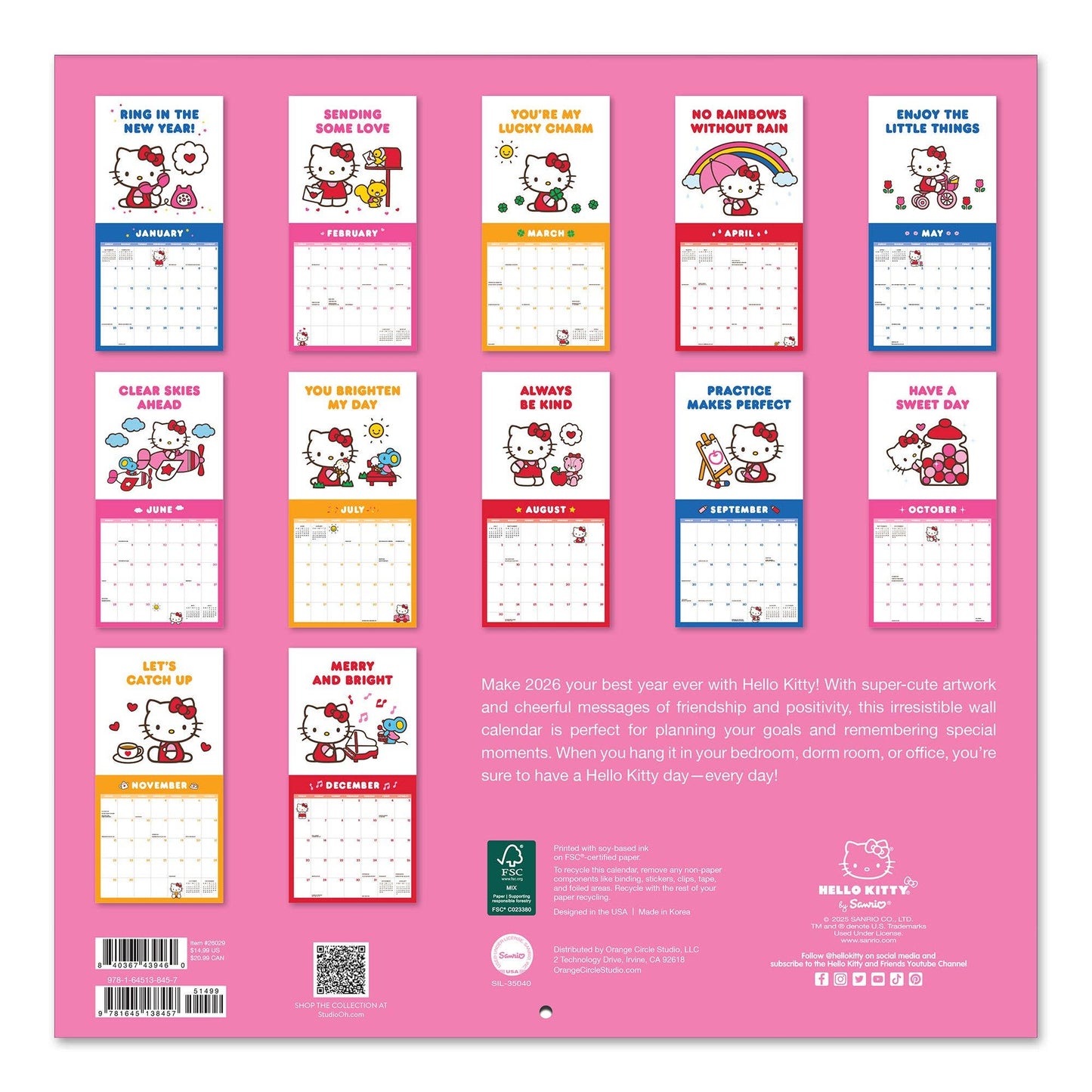 2026 Hello Kitty Playful Pink Calendar 12" x 12" Calendar
