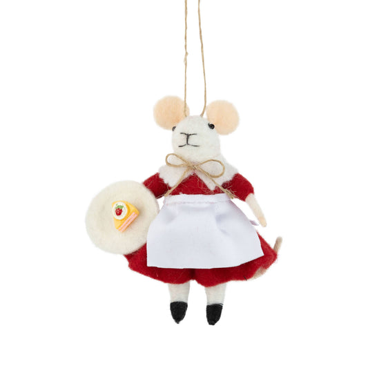 Felt Mouse Ornament:   Felt mouse orn,red dress holding cake,a plate,4.75in