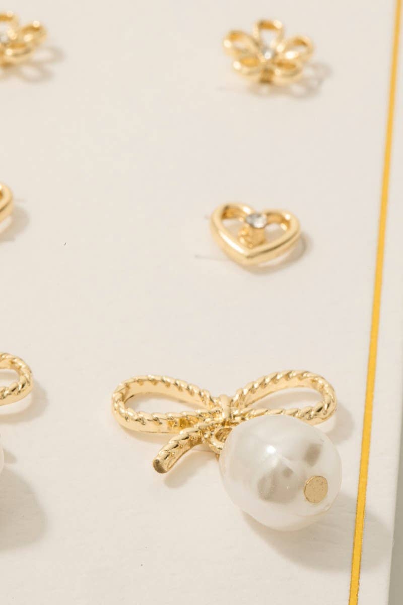 Pearl Charm Bow Heart And Flower Stud Earrings Set