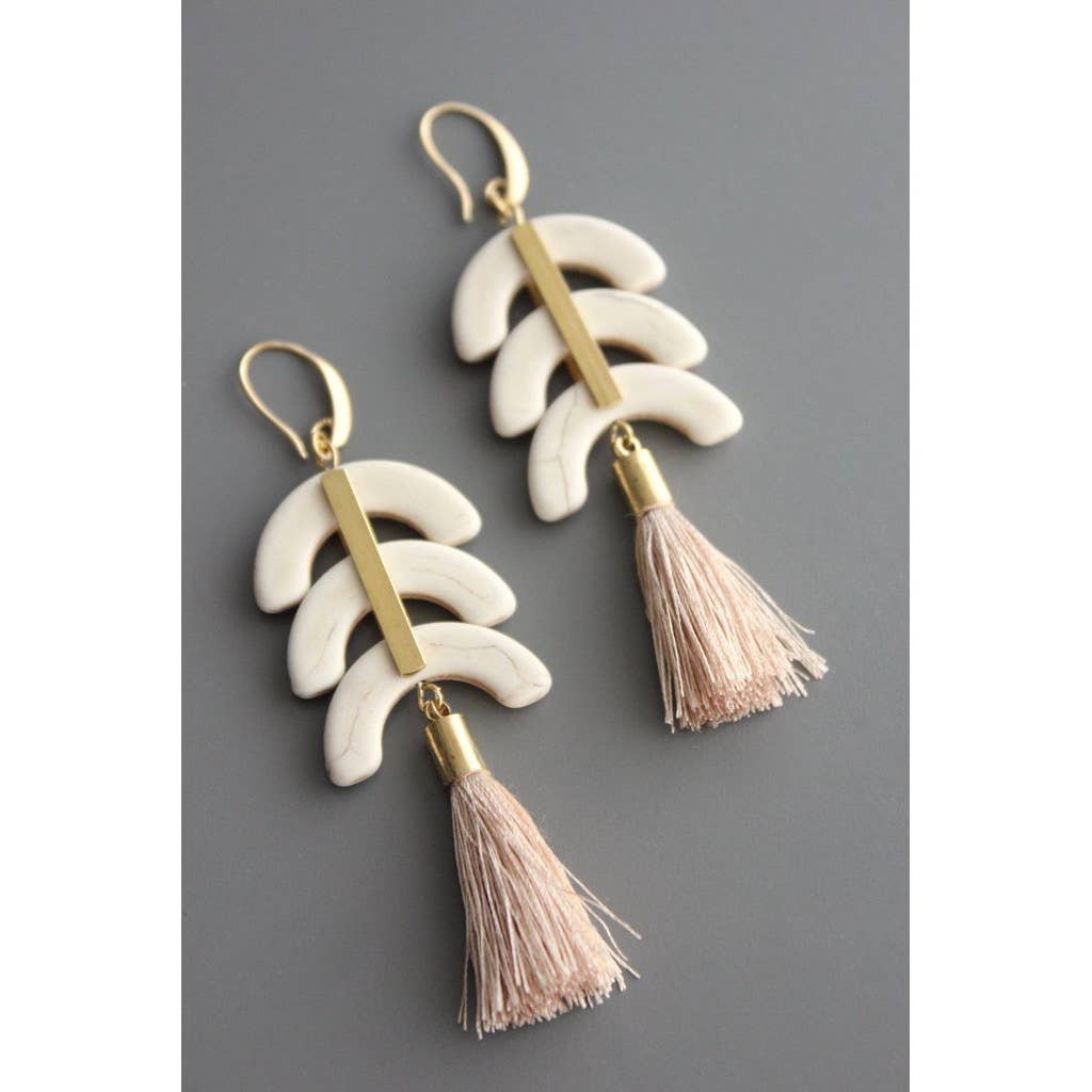 YSME27 Geometric white stone and blush tassel earrings