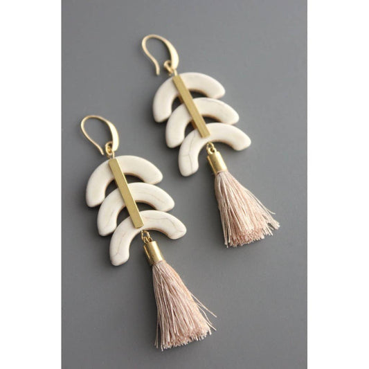 YSME27 Geometric white stone and blush tassel earrings
