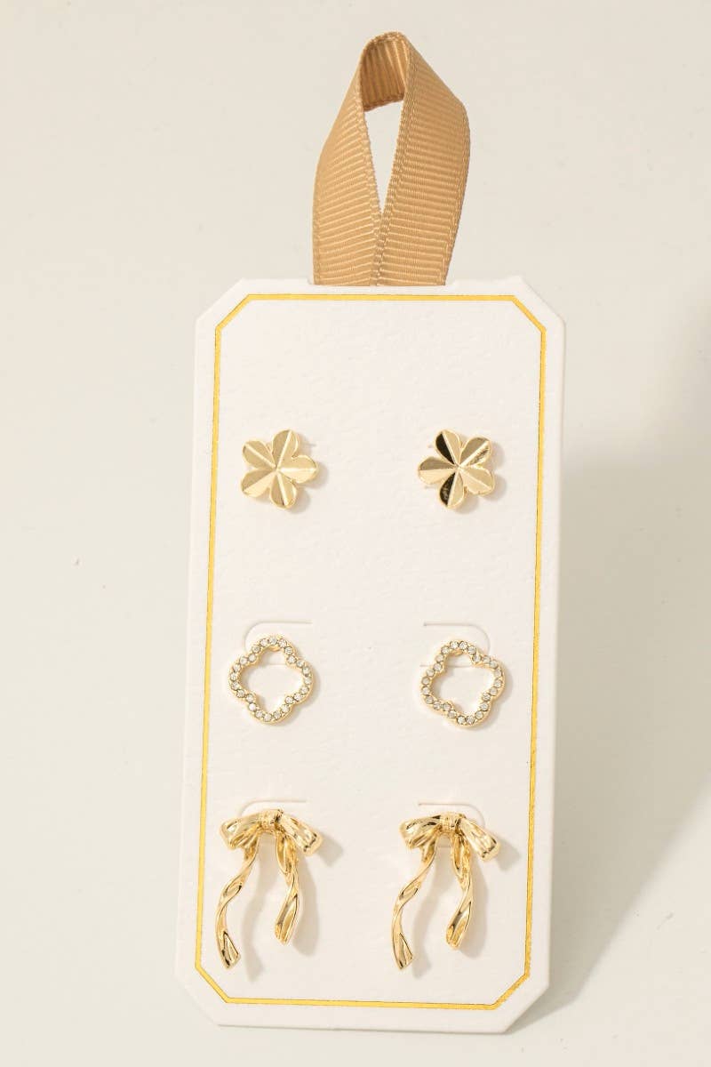 Flower Bow And Pave Clover Stud Earrings Set