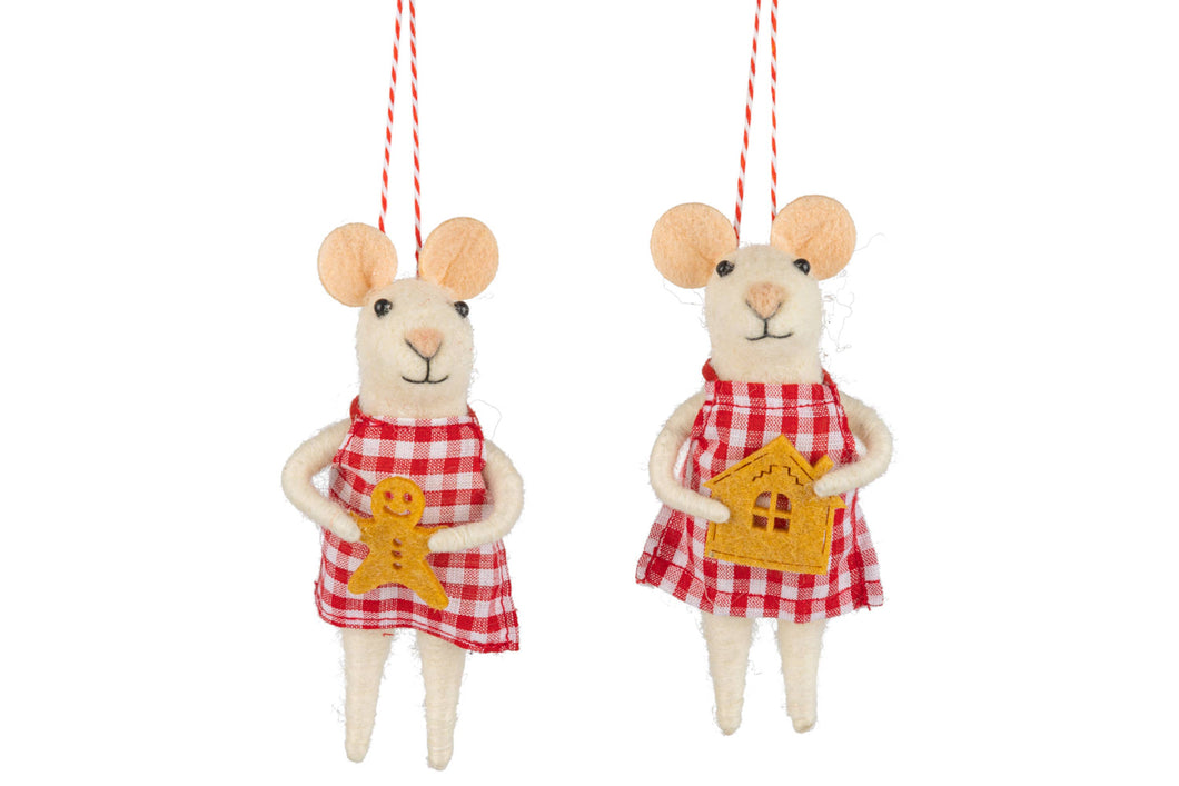 Felt Mouse Ornament:  Felt mouse with red gingham dress