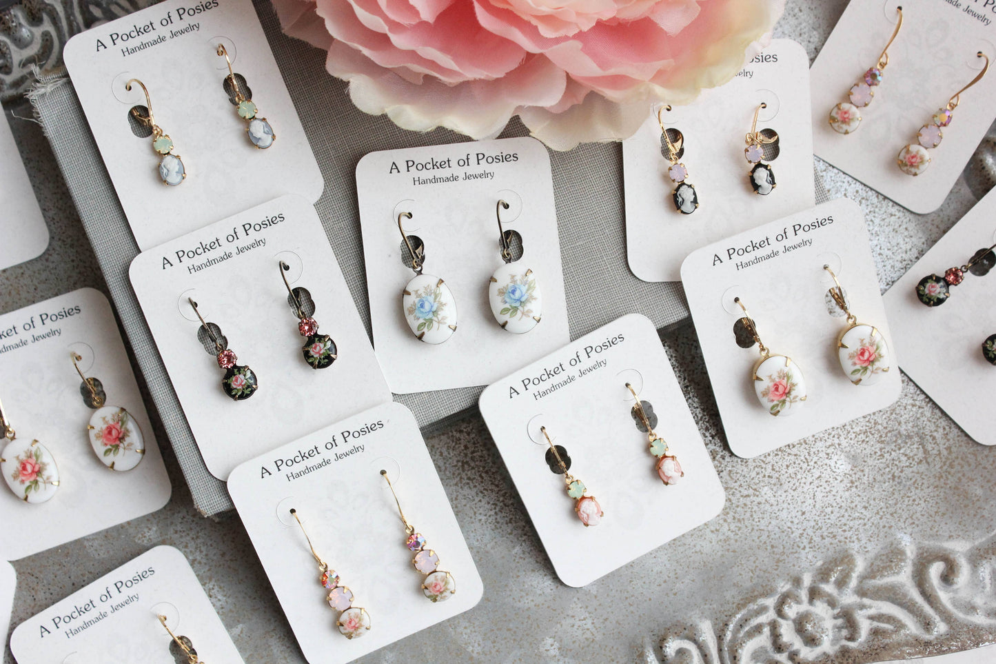 Small Drop Earrings - Vintage Glass - Pink Rose and Mint