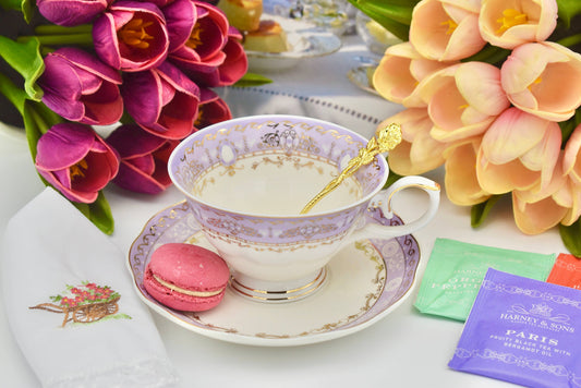 Regency Vintage Lavender Purple Gold Lace Teacup and Saucer