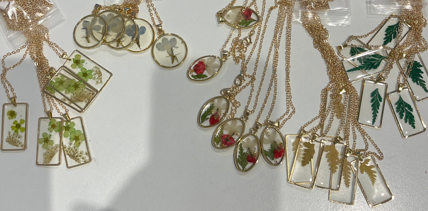 Gold Necklace with Assorted pressed Flower