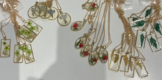 Gold Necklace with Assorted pressed Flower