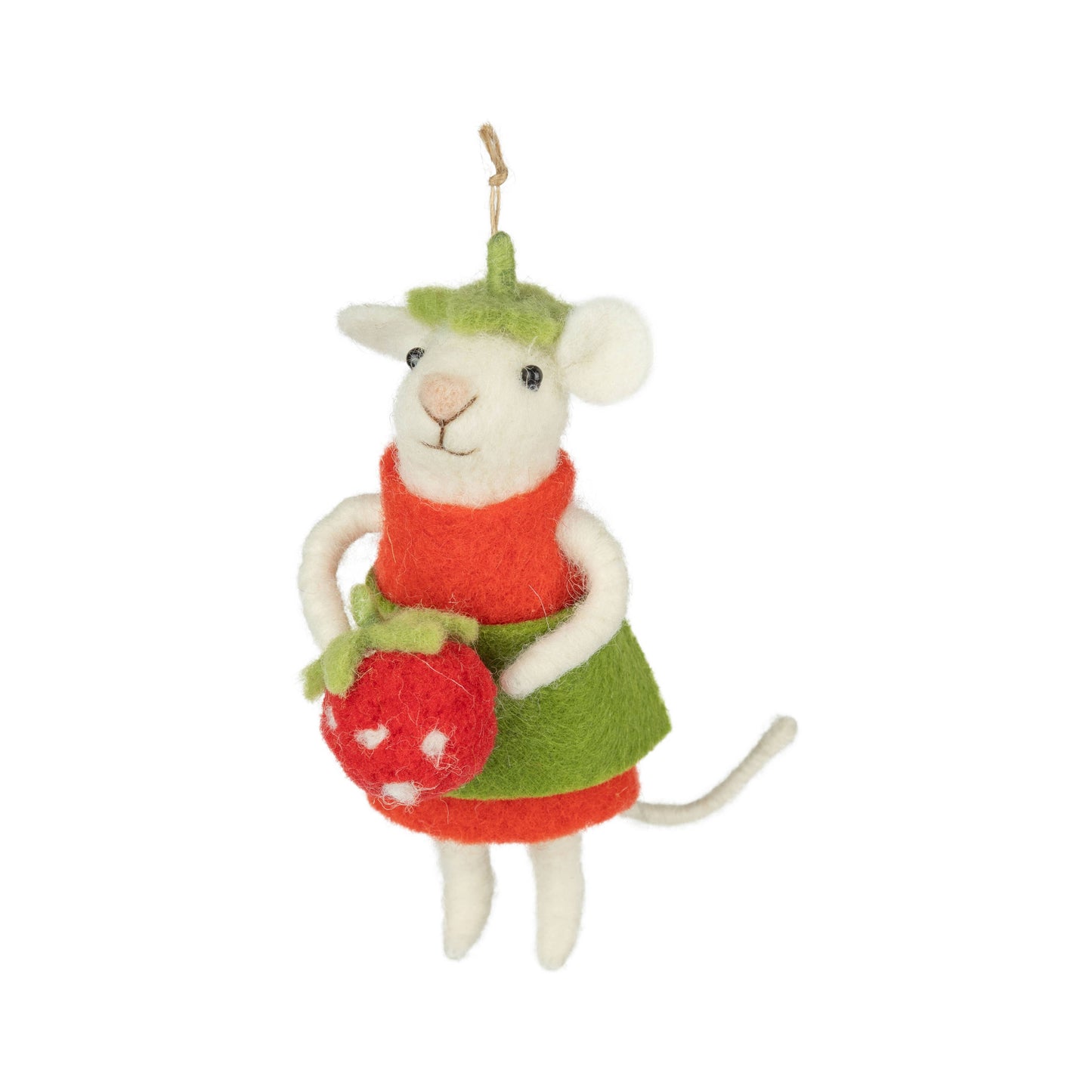 A12880: White felt mouse orn in red and green dress, 4.5in