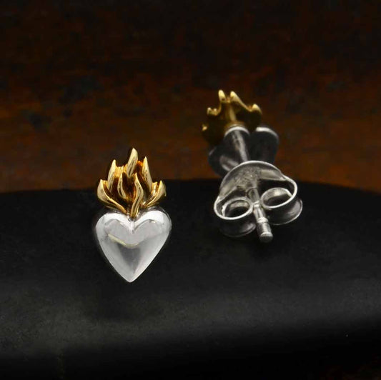 Silver or Bronze Heart Post Earrings with Bronze Flame 9x5mm