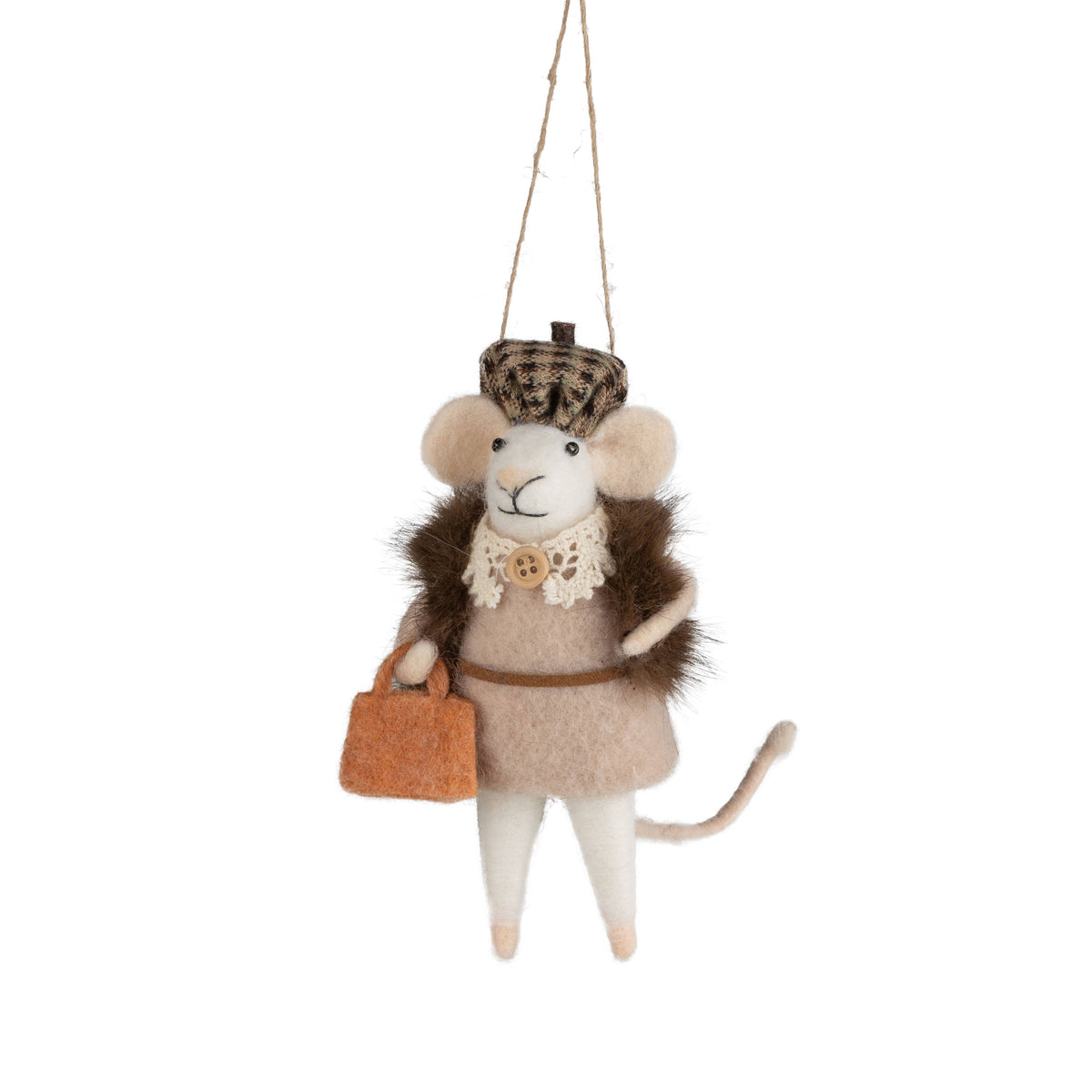 A13714:Felt mouse orn with handbag, faux fur jacket, 5 in