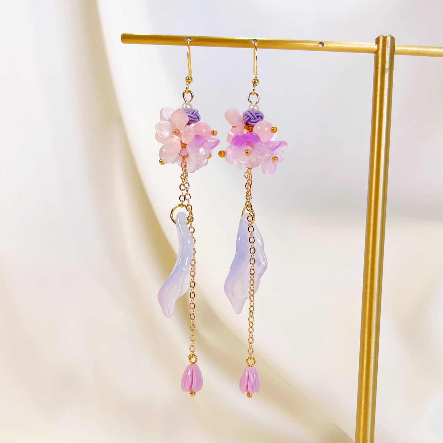 E194 purple flower long dangle drop earrings