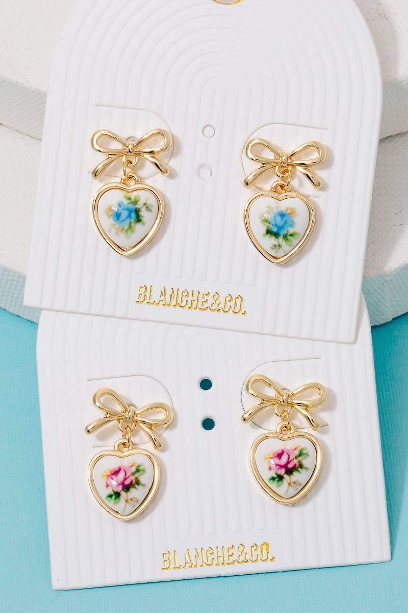 Flower Heart Drop Ribbon Bow Stud Earrings